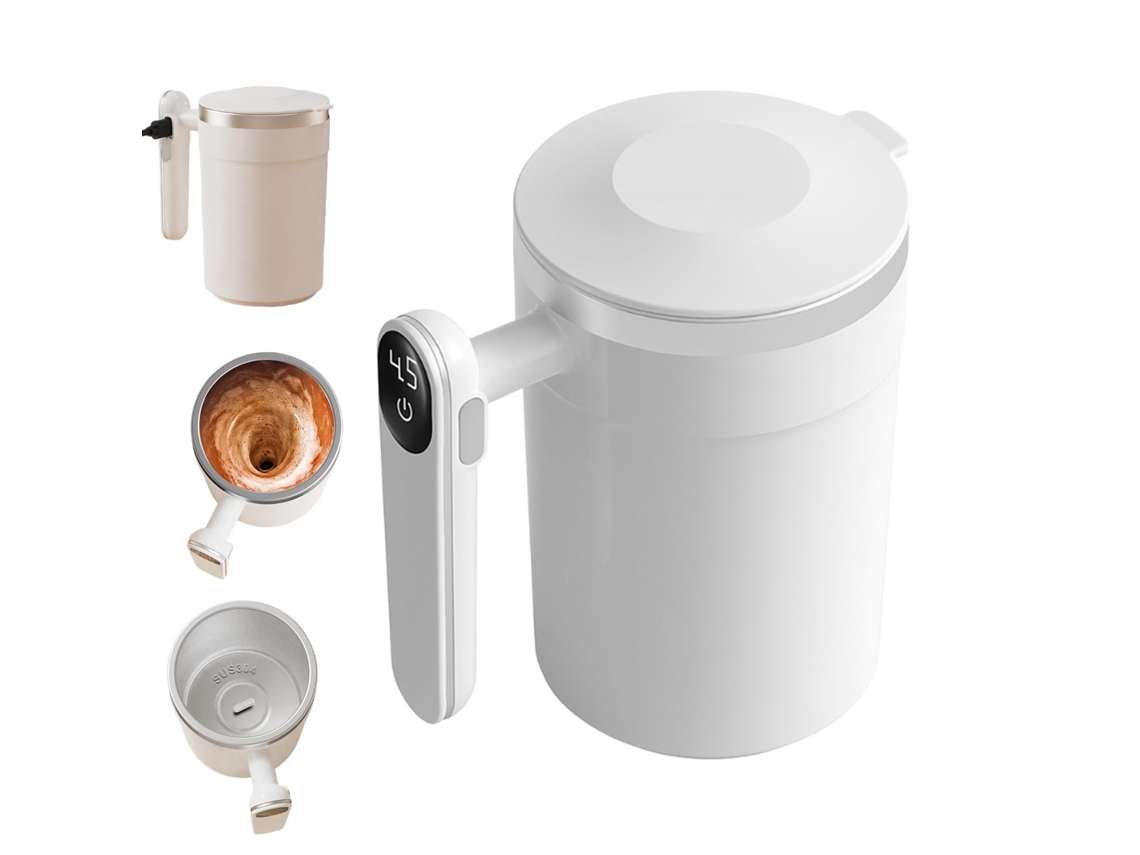 Copo de Viagem Magnético em Aço Inox Branco, Agitação Automática, para Escritório e Escola.