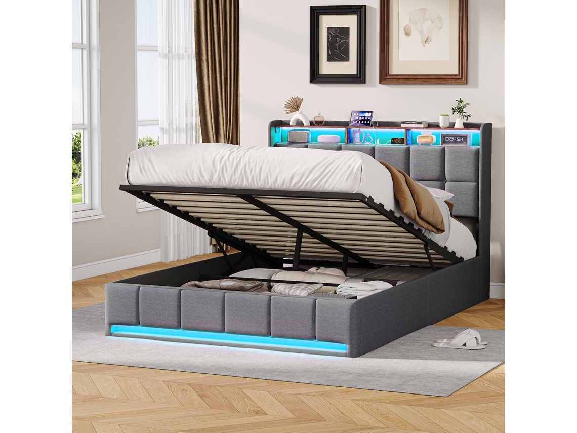Cama Baú 160x200 Cm em Tecido, Arrumação, Led, Usb, Estrado Elevatório, SIMURQ