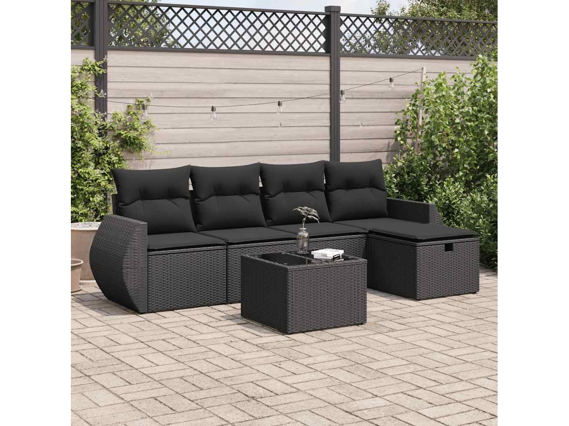 Vidaxl 6 Pcs Conjunto Sofás De Jardim C/ Almofadões Vime Pe Preto