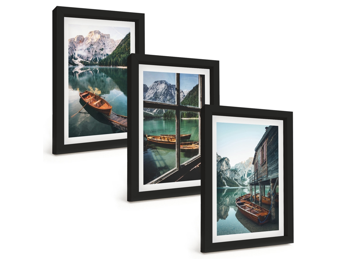 Composição De Quadros Na Parede Lago De Montanha, Barcos, Casa Moldura Preta Quadros Para A Sala De Estar Espelharte (3 Peças 20x30 Cm)