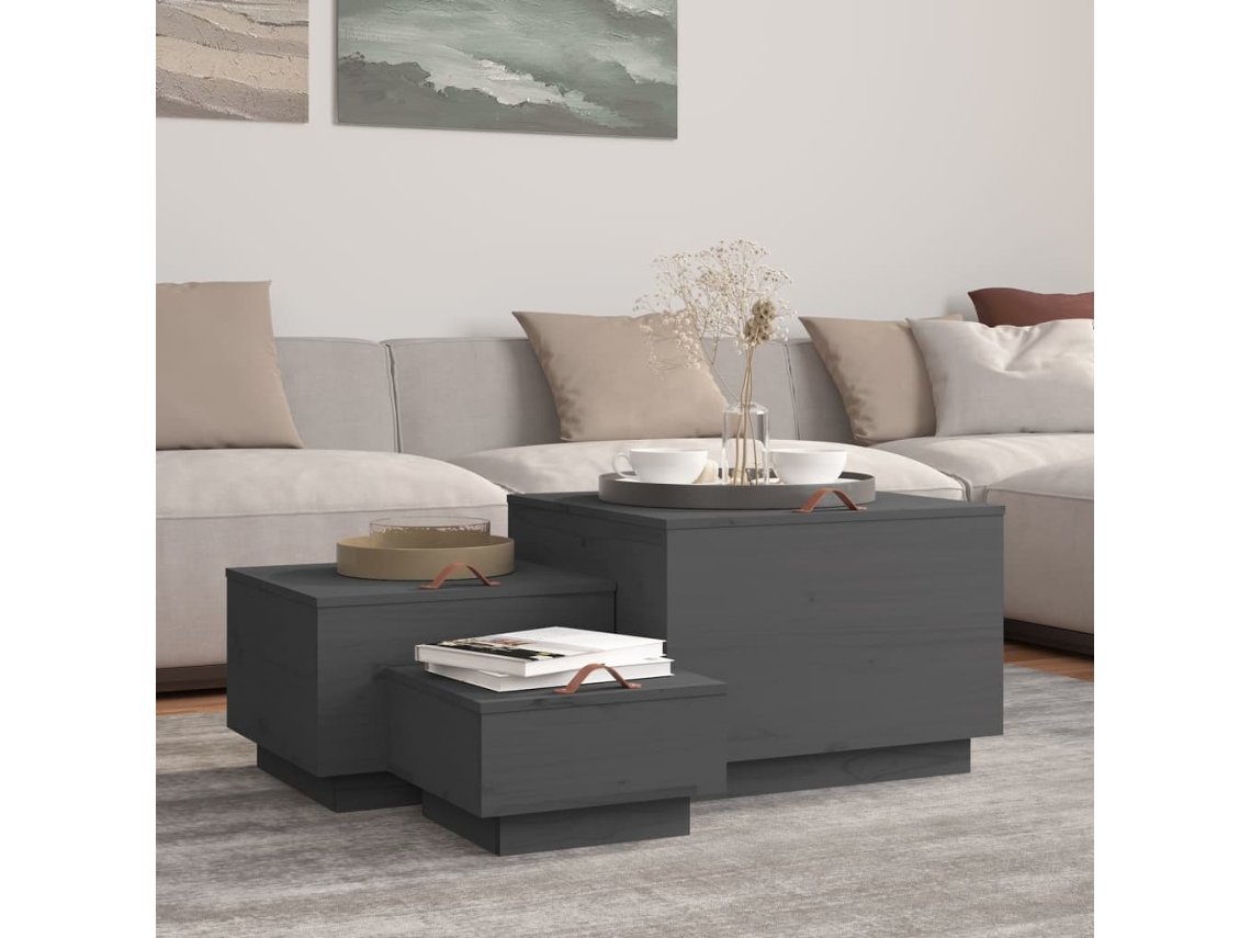 Vidaxl Caixas De Arrumação Com Tampas 3 Pcs Pinho Maciço Cinza