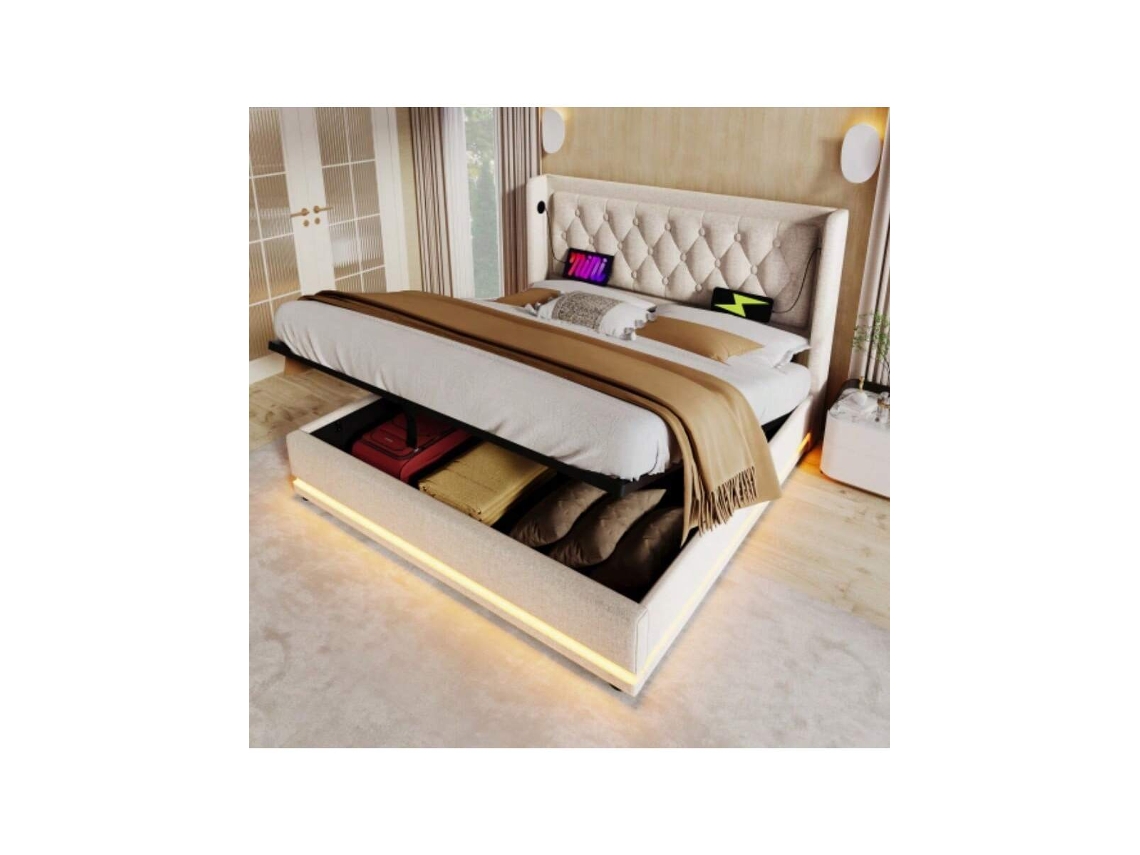 Cama De Casal Estofada 160200 Cm, Material De Algodão Bege, Cama De Armazenamento Hidráulica, Cabeceira Estofada Com Função De Carregamento Usb Tip