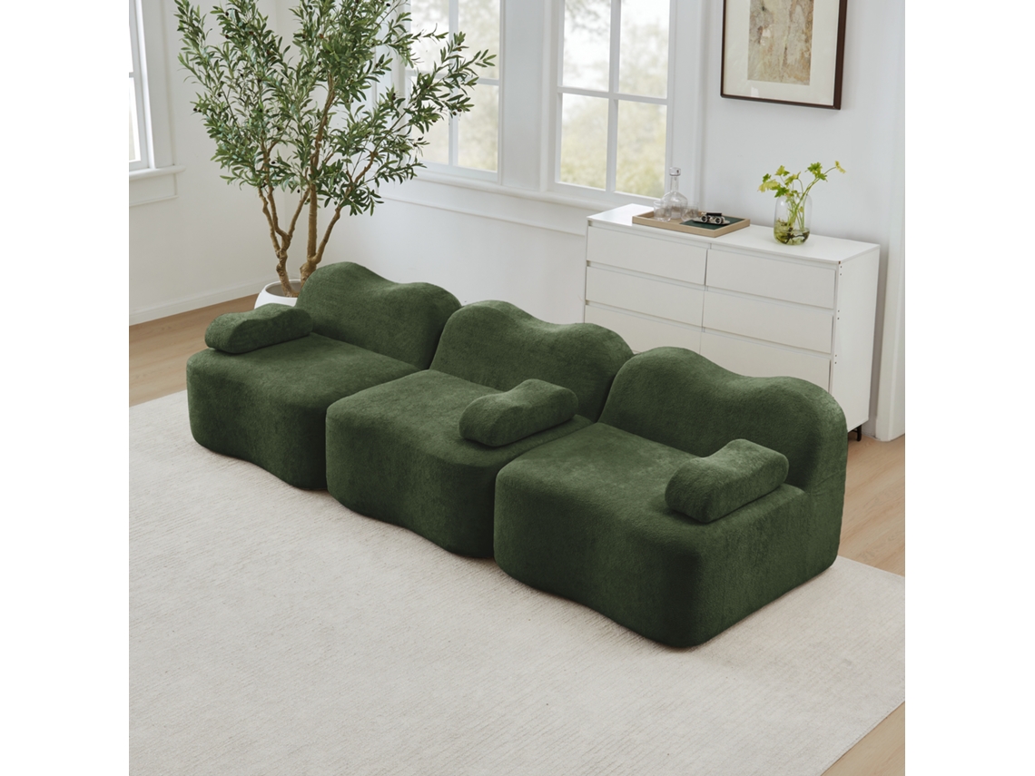 Sofá Modular 3 Lugares Em Espuma 32d, Assento Profundo Ondulado, Almofada De Braço Móvel, Ideal Para Sala De Estar, Verde.