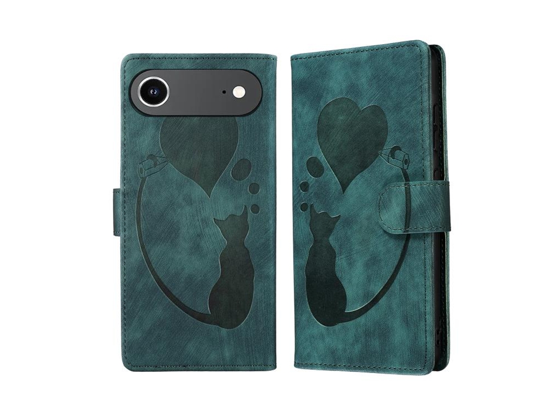 Capa De Couro Para Iphone 17 Air Shell Com Gato E Coração Em Relevo.