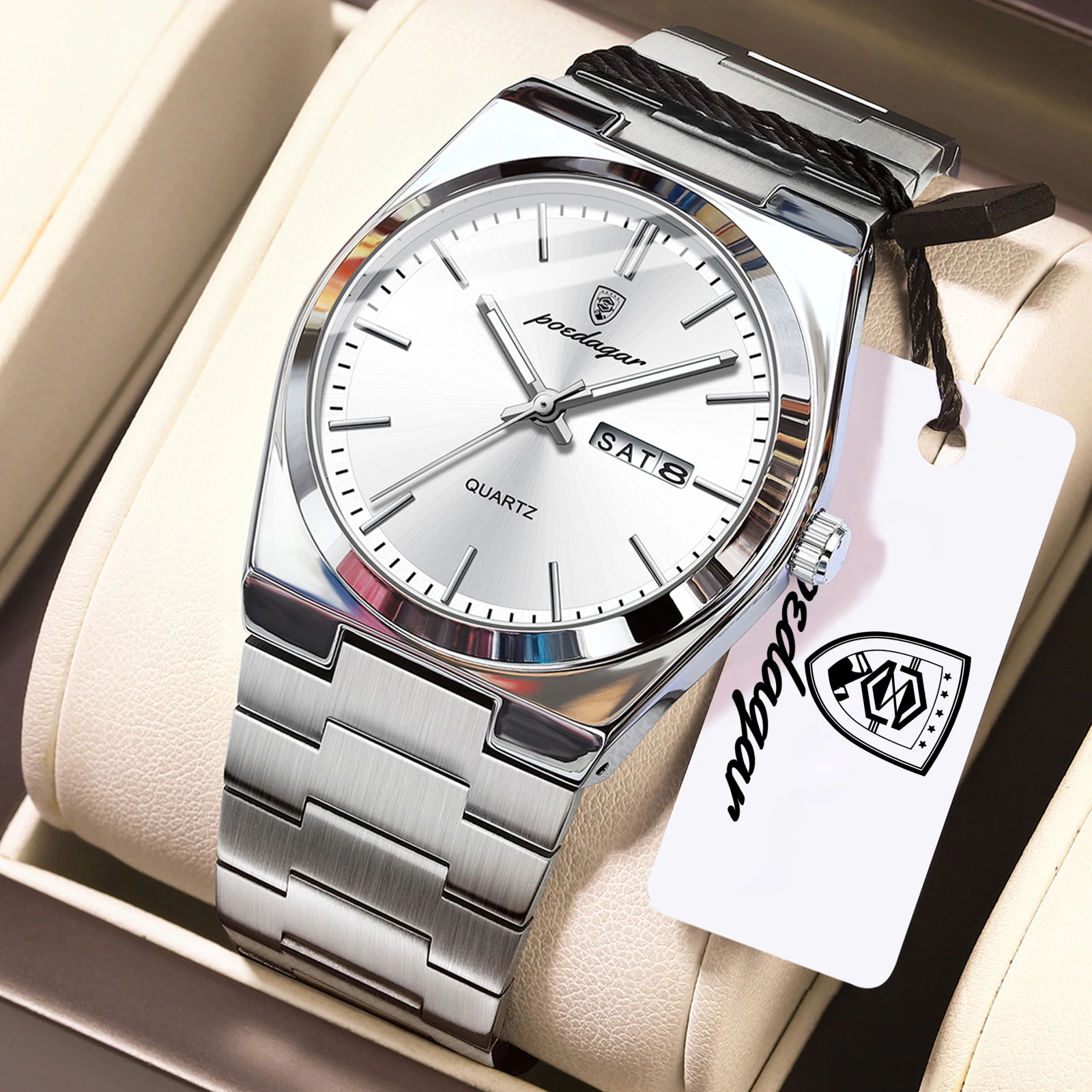 Relógio de negócios masculino (prateado branco), à prova d'água, luminoso, com data e dia da semana, movimento de quartzo, elegante.