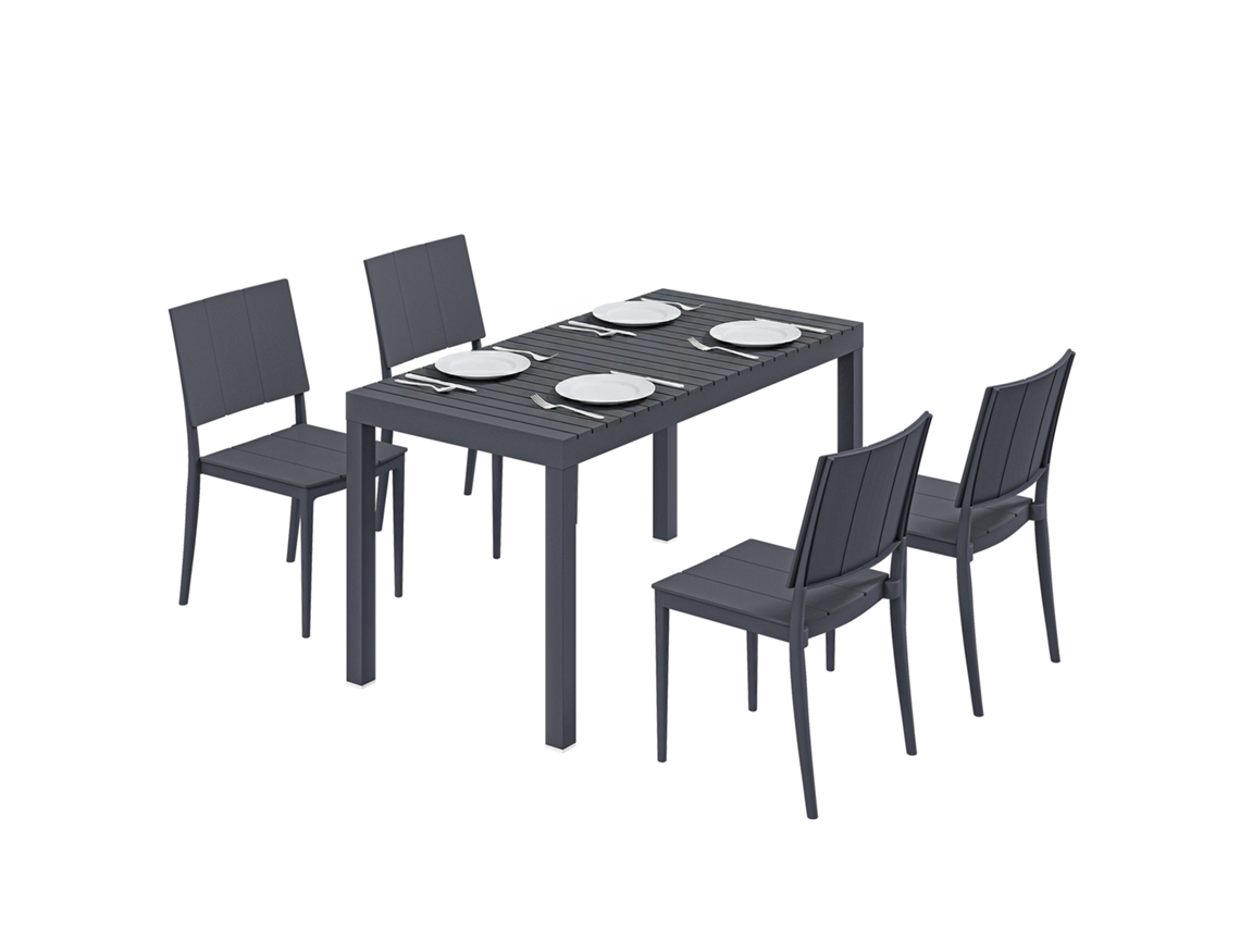 Conjunto de mesa e cadeiras de jardim com mesa ranhurada e 4 cadeiras empilháveis BTFORUS