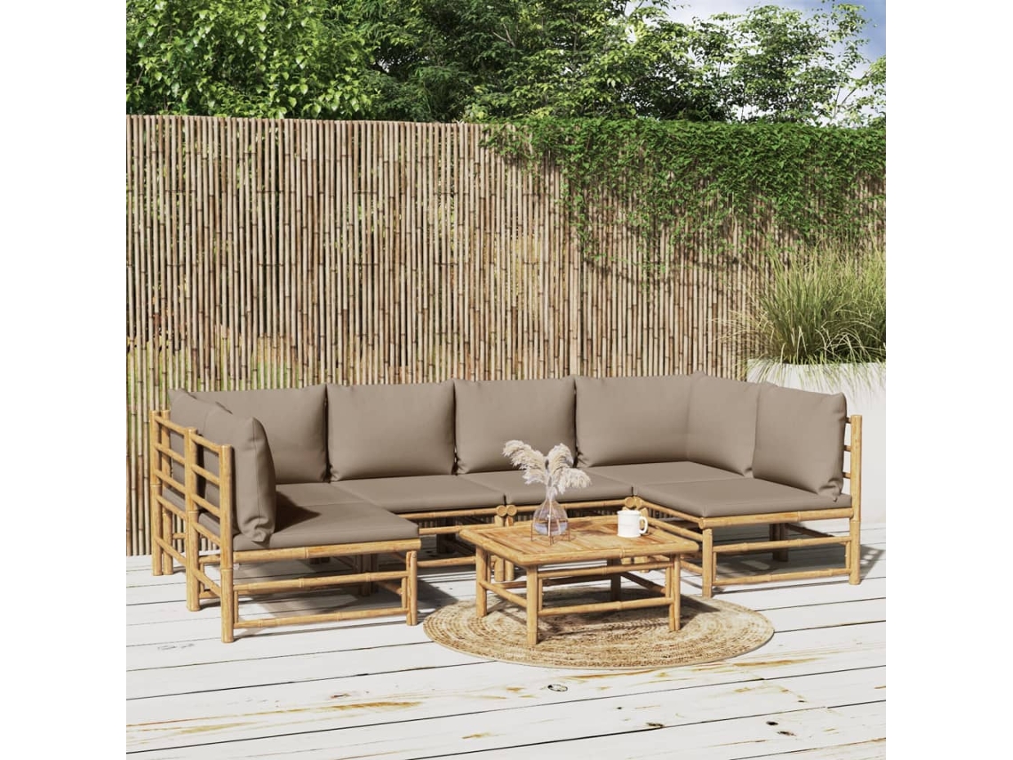 Vidaxl 7 Pcs Conj. Lounge Jardim Bambu C/ Almofadões Cinza-acastanhado