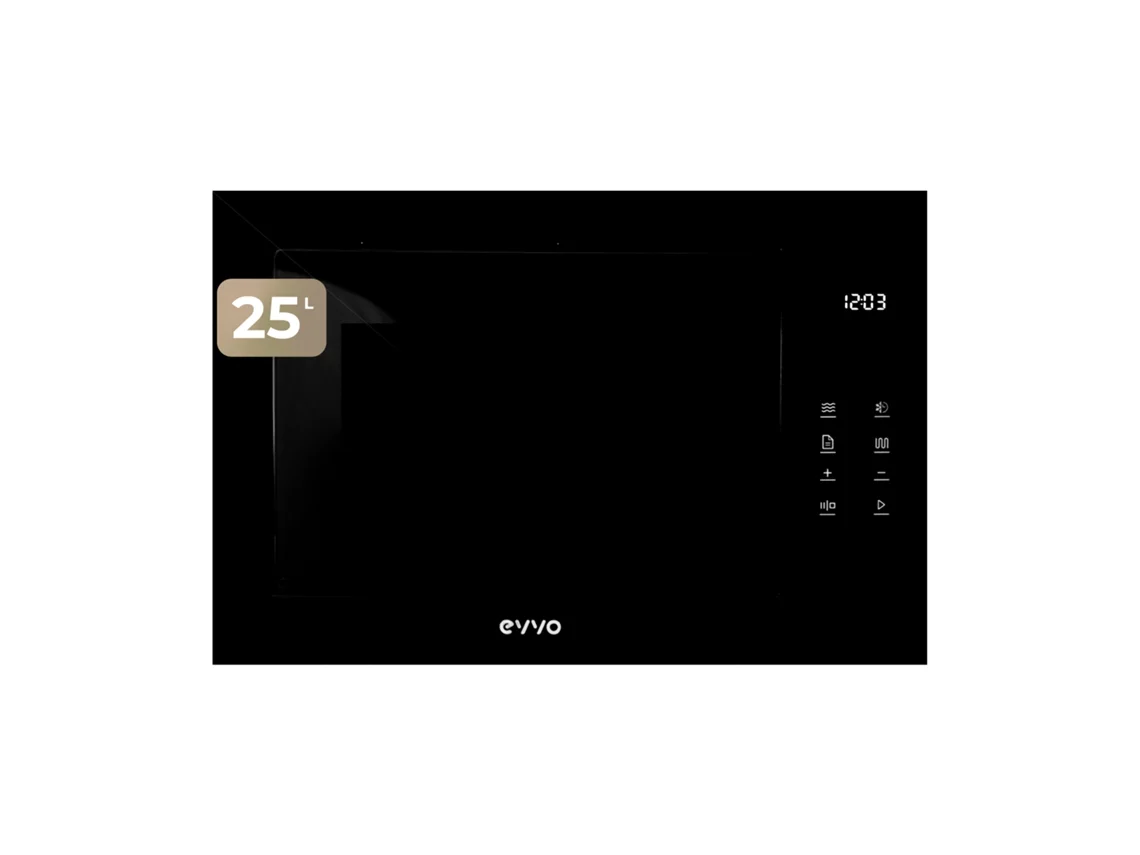 Evvo Micro-ondas Integrável Mi45 Glass Black, 25l, Grill 1200w, 8 Funções, Multifunção, Temporizador 60 Min, Display Digital, Preto