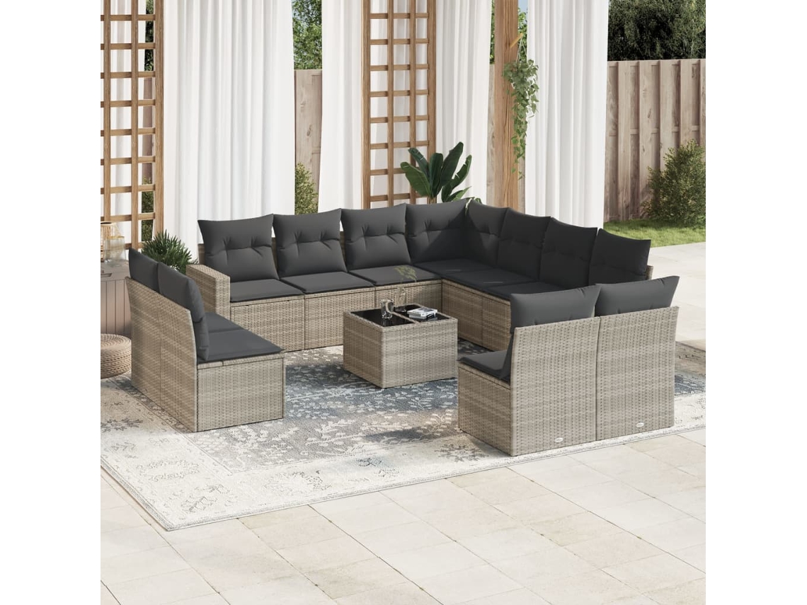 Vidaxl 12 Pcs Conj. Sofás Jardim Com Almofadões Vime Pe Cinzento-claro