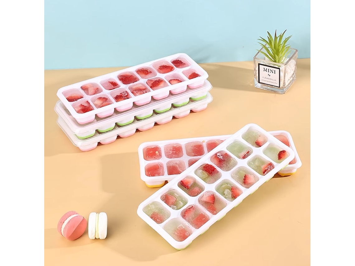 Conjunto De Duas Formas De Gelo Em Silicone Com Tampas, Compactas E Empilháveis ​​(verde + Rosa).