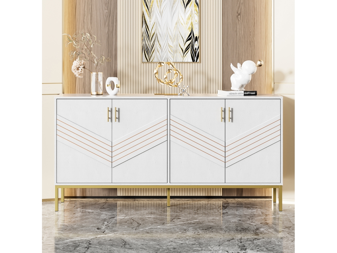 Aparador Branco/dourado 4 Portas, Mdf, Metal, Prateleiras. Cs