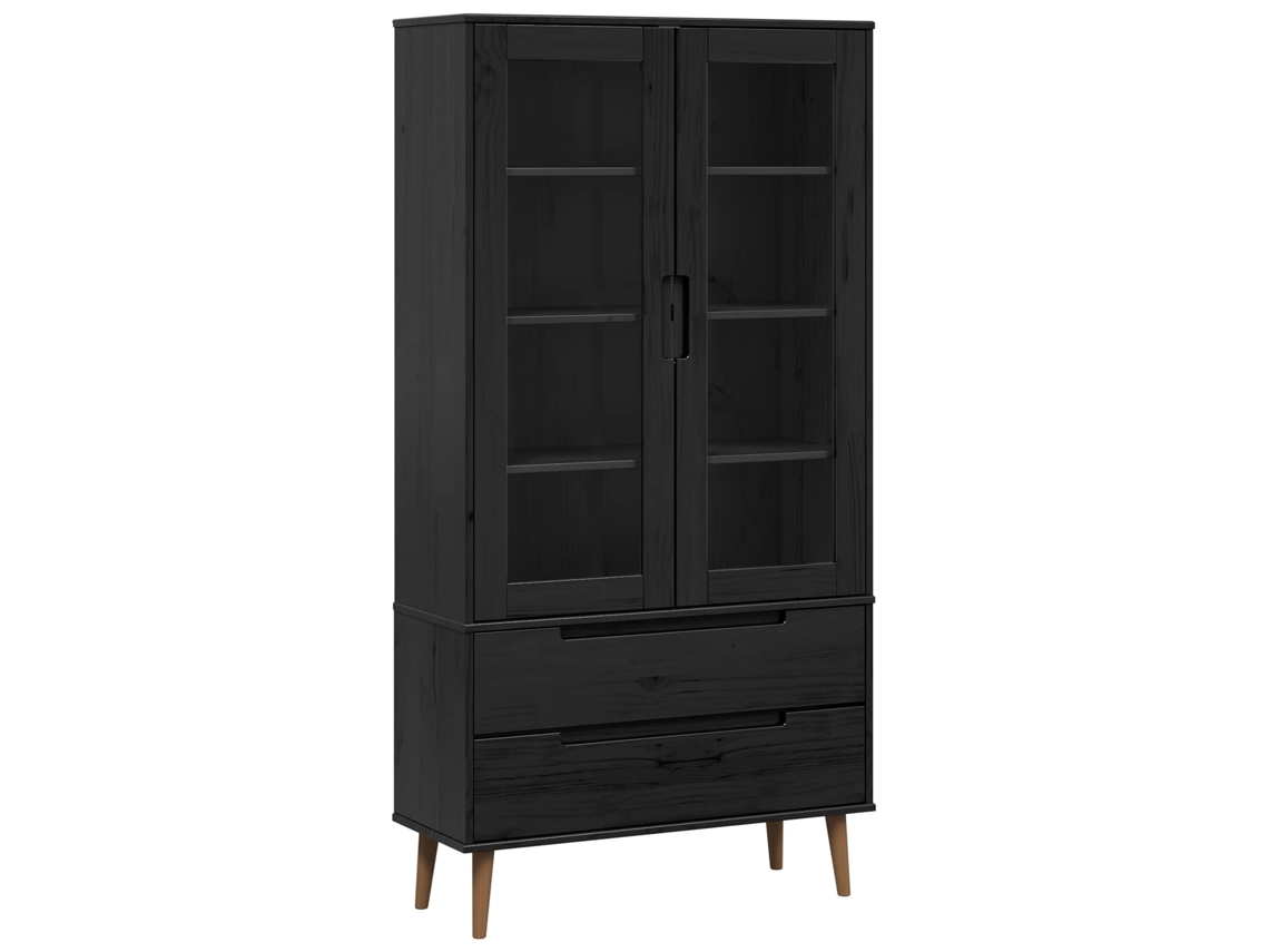 Conjunto 1 Armário De Vidro Vidaxl Preto Madeira De Pinho Maciça (90 X 35 X 175 Cm)
