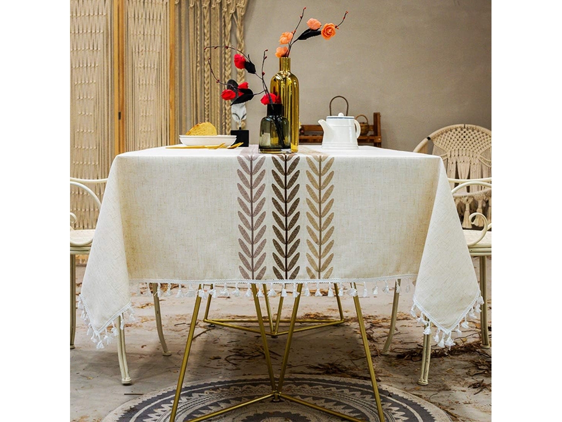 Lurelia Toalha De Mesa Algodão Linho 140x140cm 5 Cm Bordado Borlas Macio