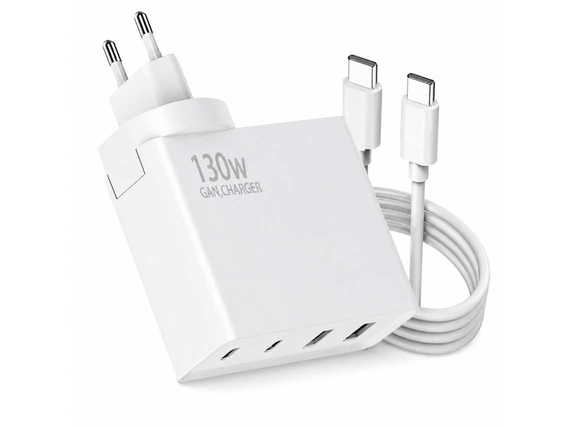 Carregador Gan 130w Branco 4 Portas Pd100w Dobrável Carrega Notebook E Três Dispositivos Simultaneamente