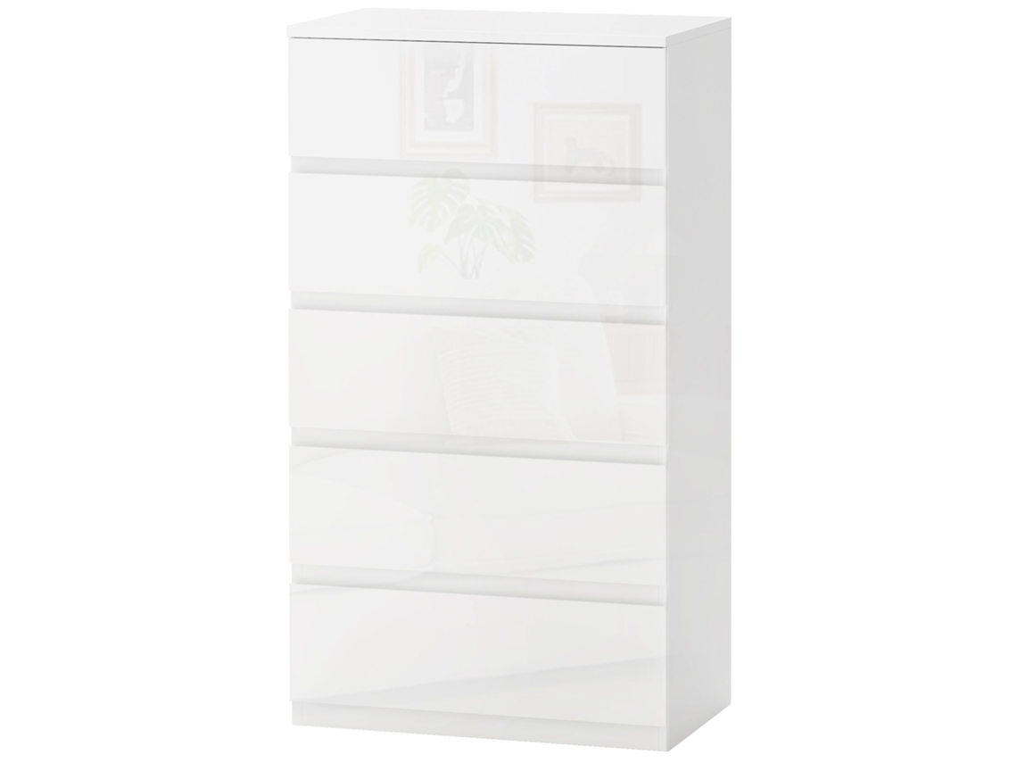 Cómoda Com 5 Gavetas De Madeira Cómoda De Dormitório Cómoda Branca Estilo Moderno 55x33x80 Cm Branco Brilhante