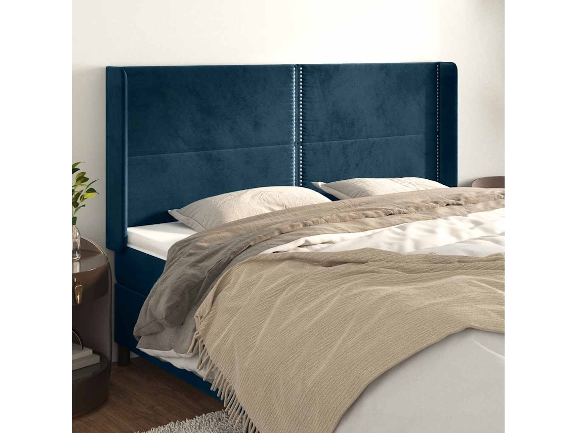 Vidaxl Cabeceira Cama C/ Abas Veludo 203x16x118/128 Cm Azul-escuro
