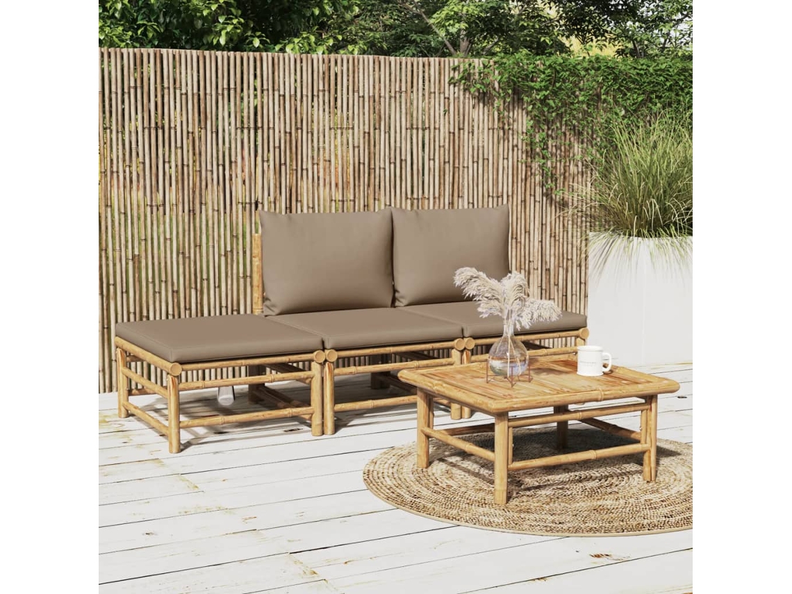 Conjunto 4 Peças Lounge Jardim Bambu C/ Almofadões Cinza Acastanhado Dkd Home Decor