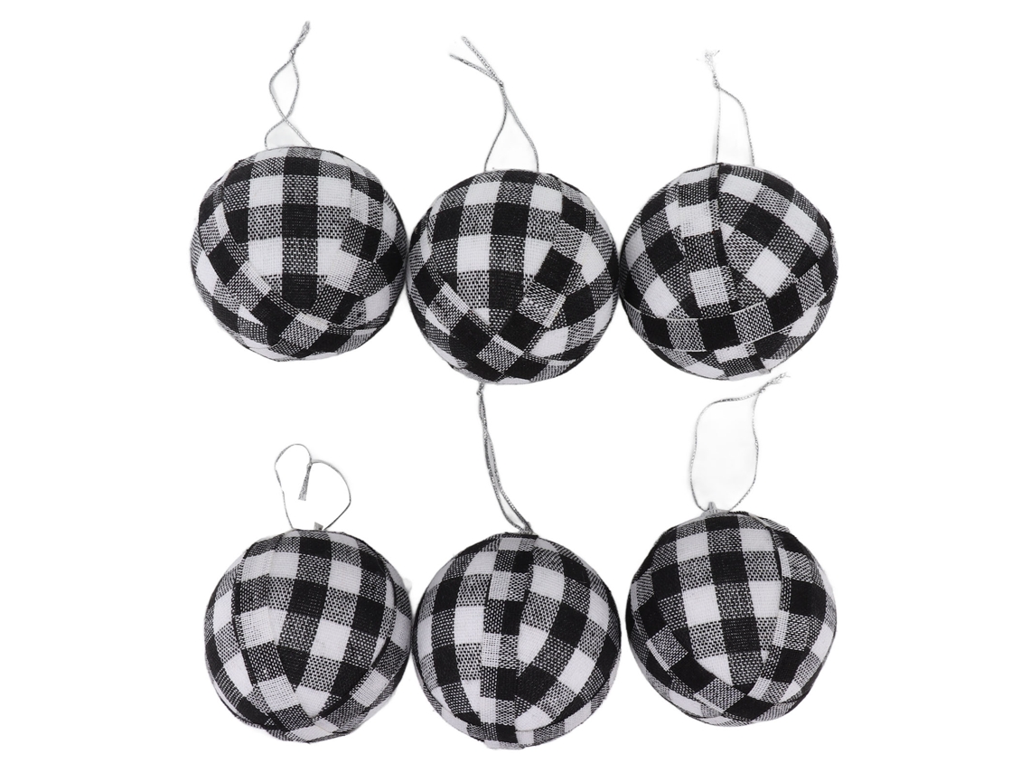 Bola Natal 70mm Decoração Árvore Branco Preto Xadrez 6 Peças