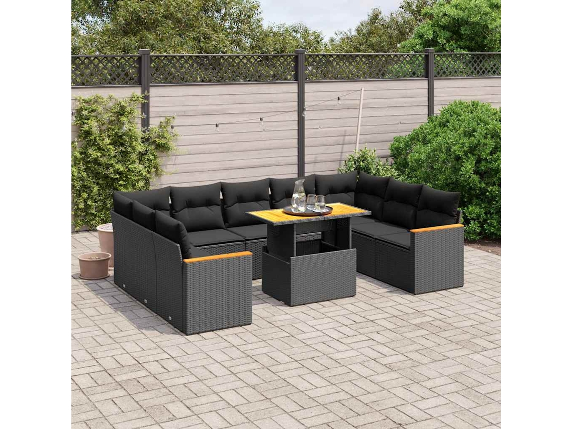 Vidaxl 10 Pcs Conjunto Sofás De Jardim C/ Almofadões Vime Pe Preto