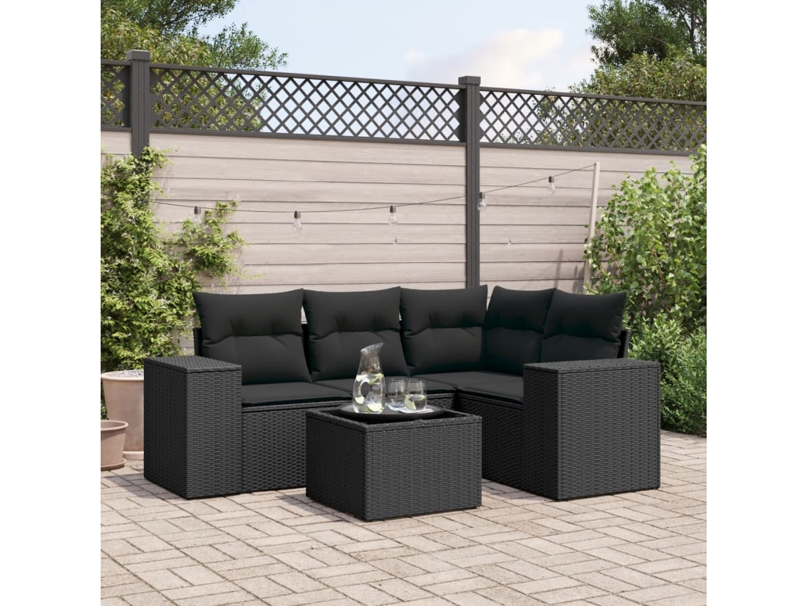 Vidaxl 5 Pcs Conjunto Sofás De Jardim Com Almofadões Vime Pe Preto