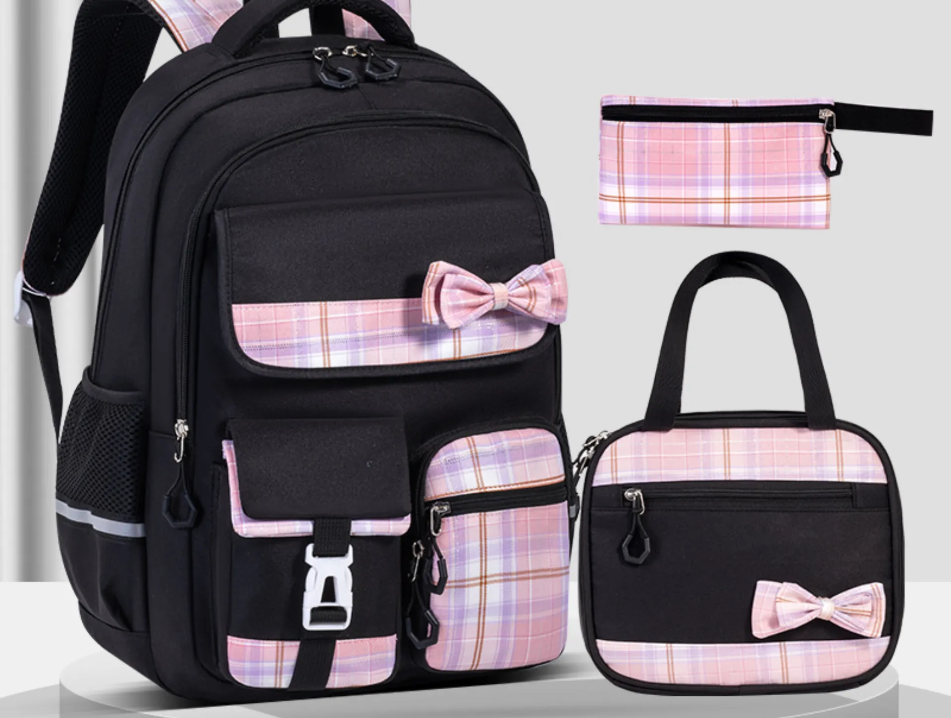Mochila Eifson Para Meninas Conjunto 3 Peças, Xadrez, Multi-compartimentos, Alças Acolchoadas, Preto