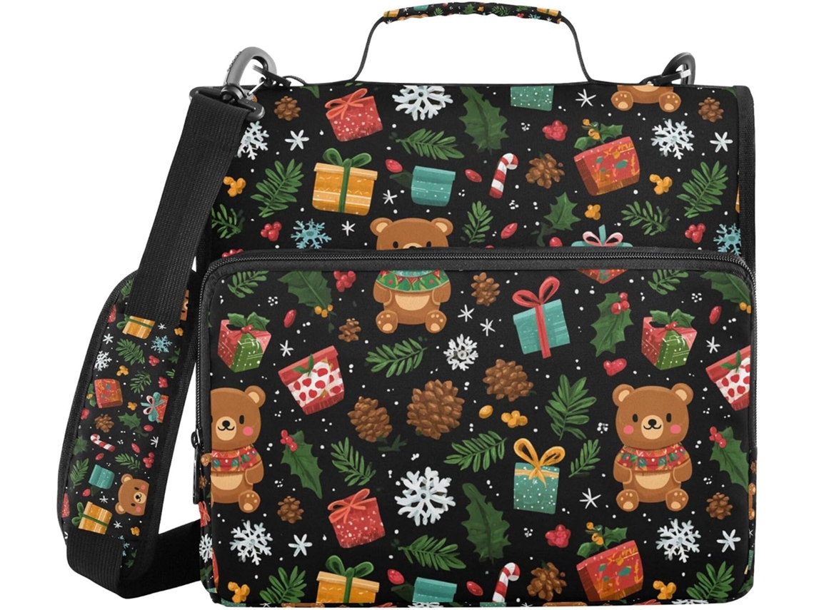Pasta Organizadora Natalina Kawaii Bear com Ombro e Corpo, Impermeável, 3,8cm, 3 compartimentos para lápis com detalhes em Sinos
