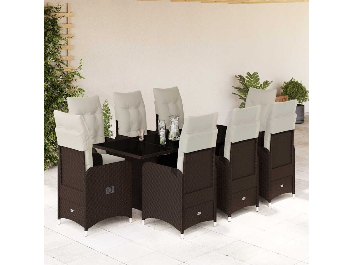 9 Pcs Conjunto Bistrô De Jardim C/ Almofadões Vime Pe Marrom Dkd Home Decor