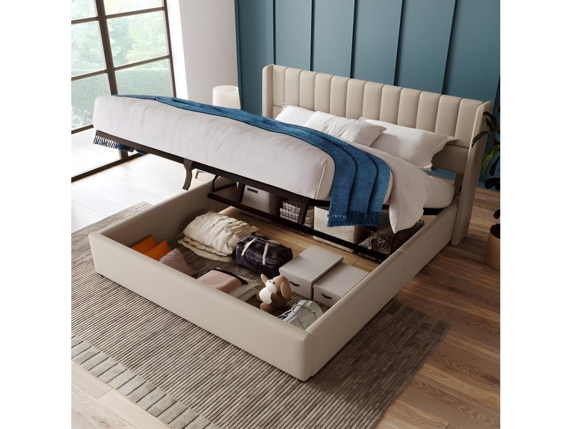 Cama Contentora Estofada Em Linho 180x200cm Com Estrado De Ripas - Bege