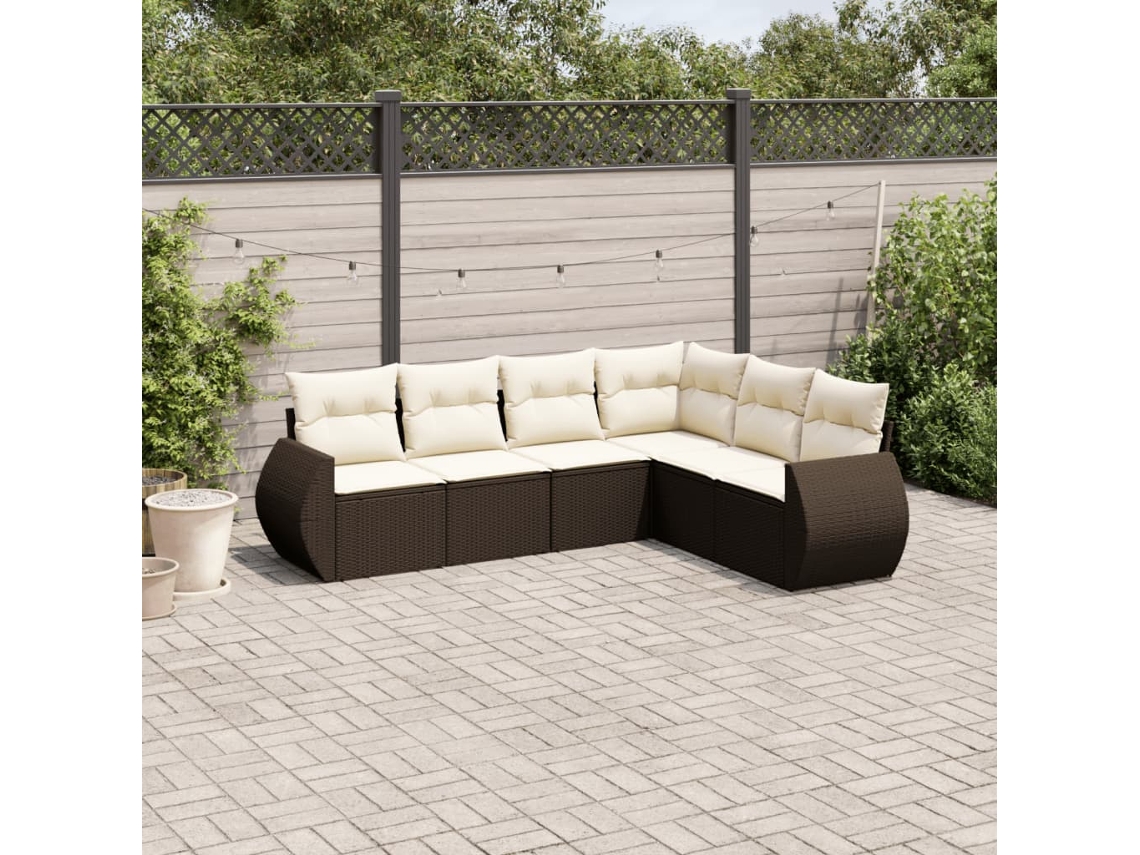 6 Pcs Conjunto De Sofá Jardim C/ Almofadões Vime Pe Marrom Dkd Home Decor