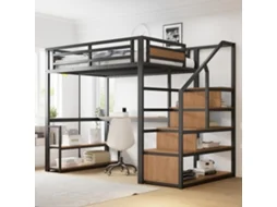 Cama Metal Preta 140x200cm, Escada C/ Prateleiras, Mesa, Cerca Segurança, Ferro.-op