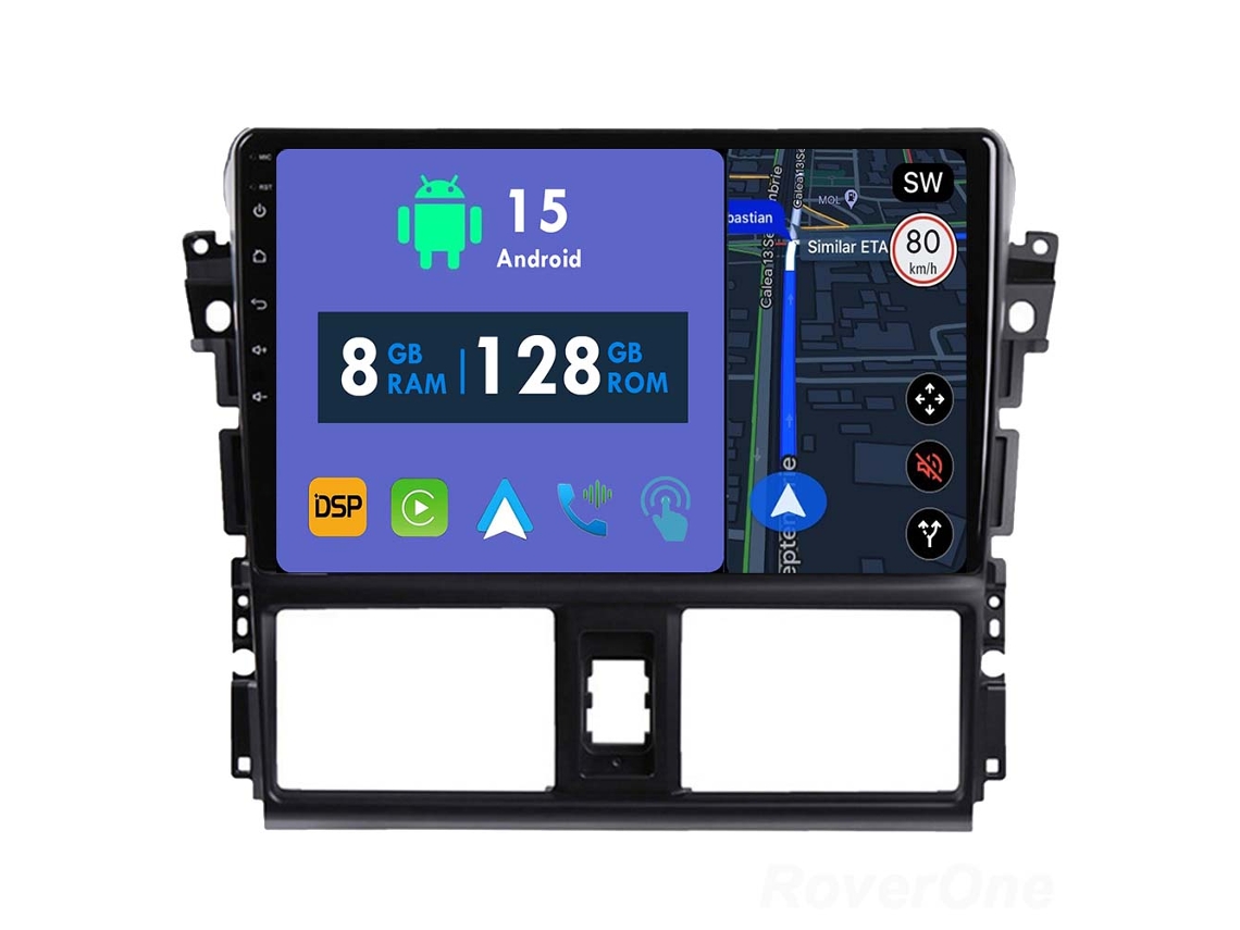 Auto Rádio Carro Bluetooth Autoradio 8GB RAM 128G ROM CarPlay Navegação GPS Ecrã Táctil RoverOne para Toyota Vios XP150 2013-2020  