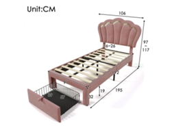 Cama Infantil Led 90x190 Cm Com Gavetas, Aplicativo, Estrutura Ajustável E Cabeceira Em Veludo Rosa