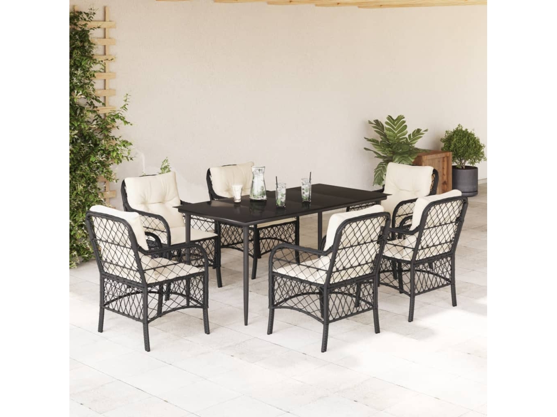Vidaxl 7 Pcs Conjunto De Jantar P/ Jardim C/ Almofadões Vime Pe Preto
