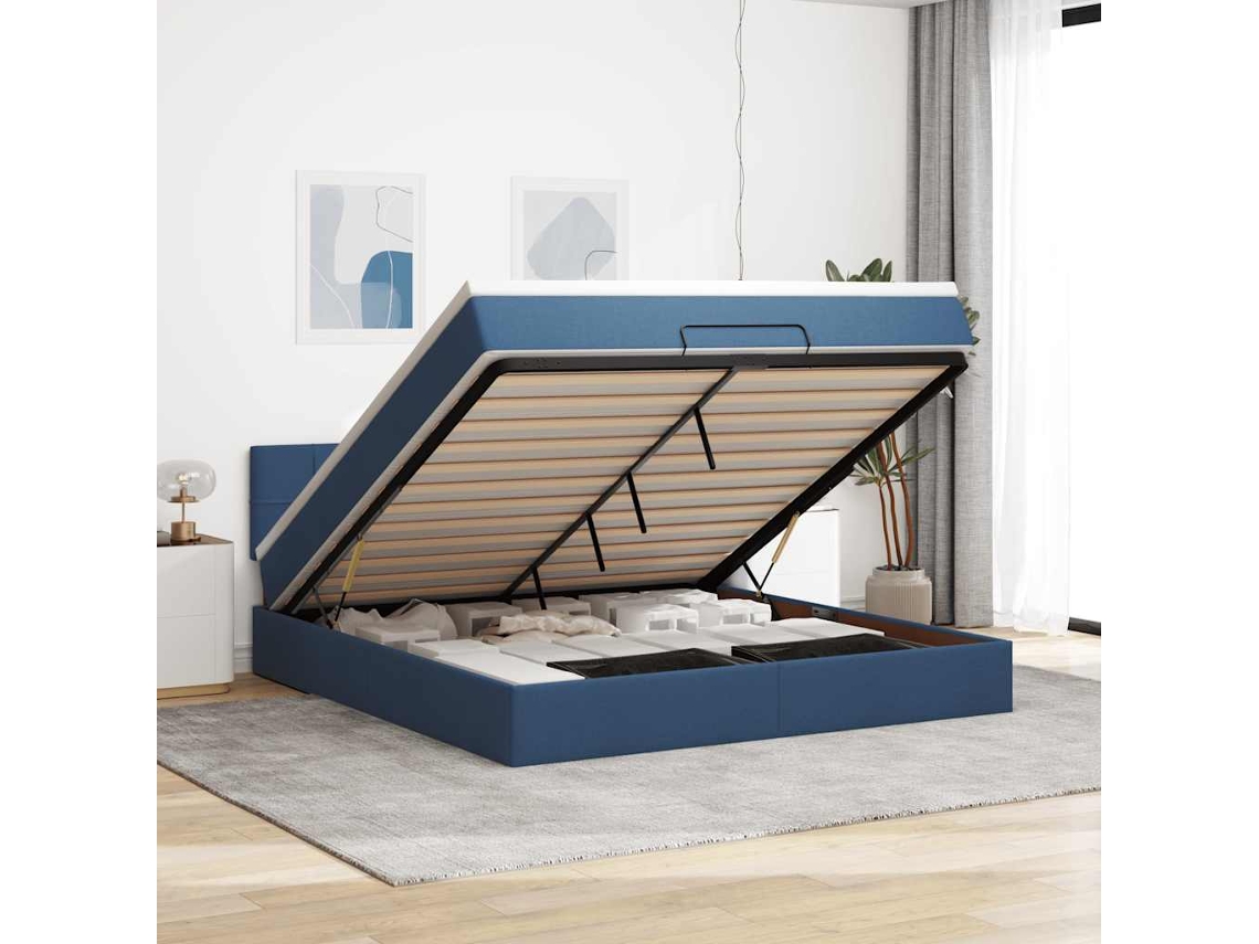 Estrutura De Cama Otomana Vidaxl Com Tecido Azul Colchão 180x200cm
