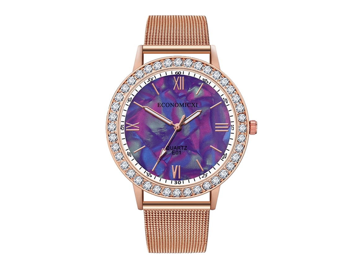 Reloj De Números Romanos Con Piedras Strass Correa De Malla Cuarzo Moda (w3 Oro Rosa)