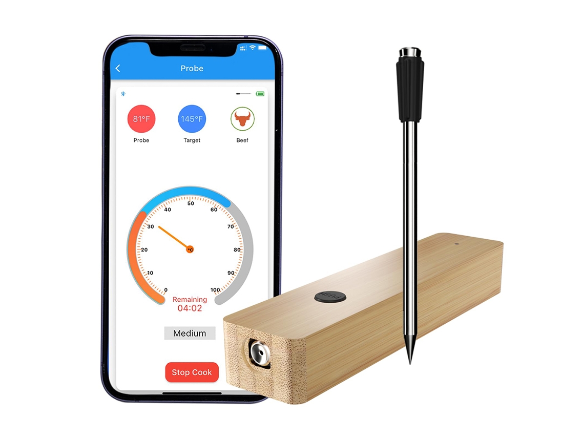Termômetro Inteligente Carne Sem Fio Com App E Base De Carregamento