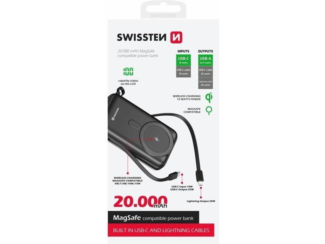 Powerbank SWISSTEN Magsafe 20.000 Mah com Cabo (Outlet Caixa Aberta)