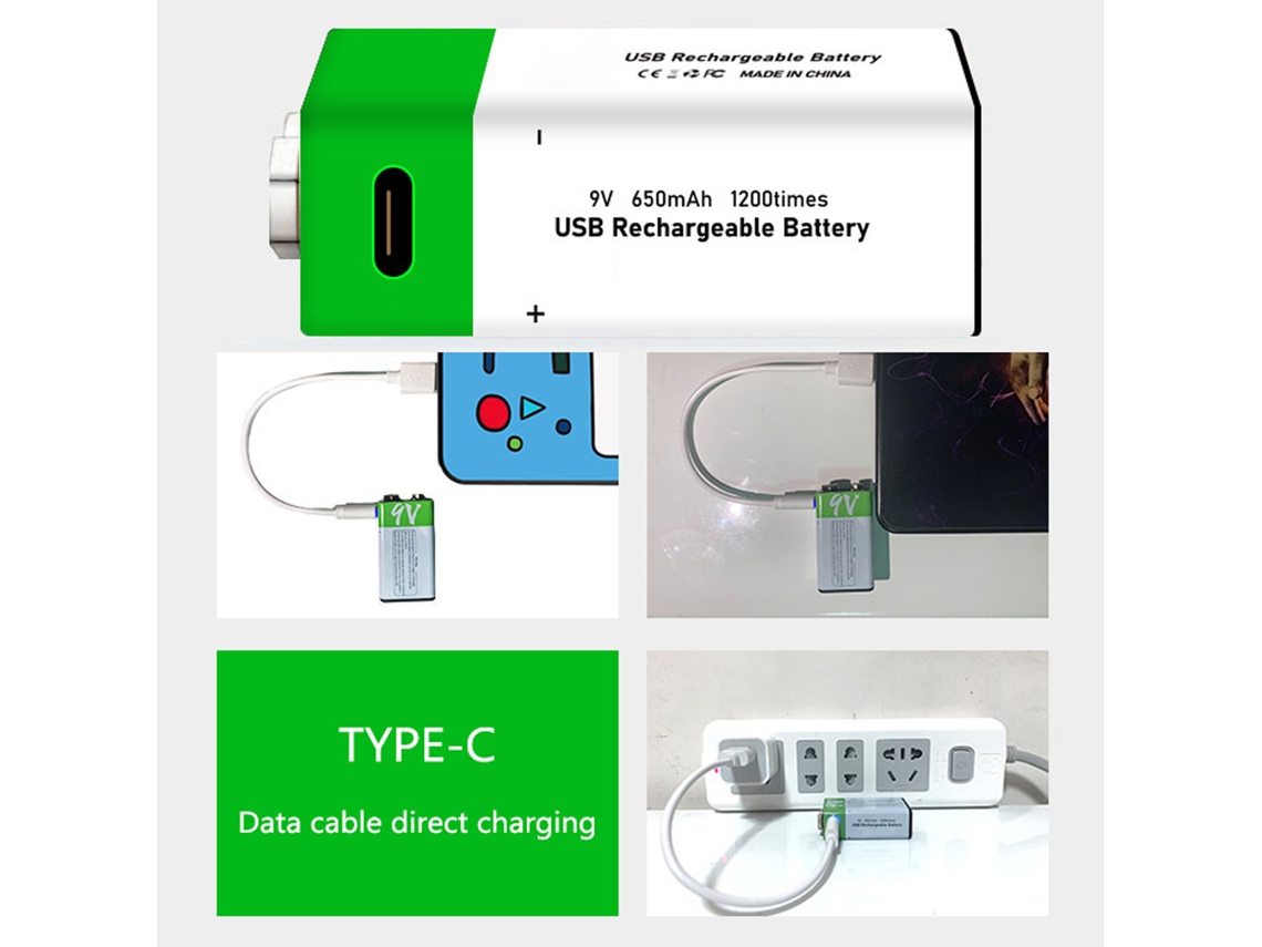 Bateria Recarregável De Lítio 9v 650mah Com Porta Type-c Para Microfone E Guitarra