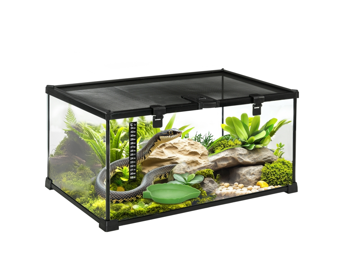 Terrário Réptil Vidro Tela Preto 50x30x25cm Fechadura Porta Alimentação Tartarugas Cobras Ge