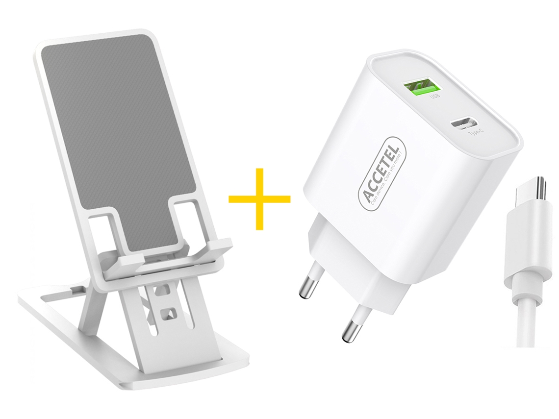 Pack Office Suporte ACCETEL NE5150 + Cabo Type C + Carregador para Oppo A98 AC527 1 X USB + 1 X Type-C 12W 2.4A Branco