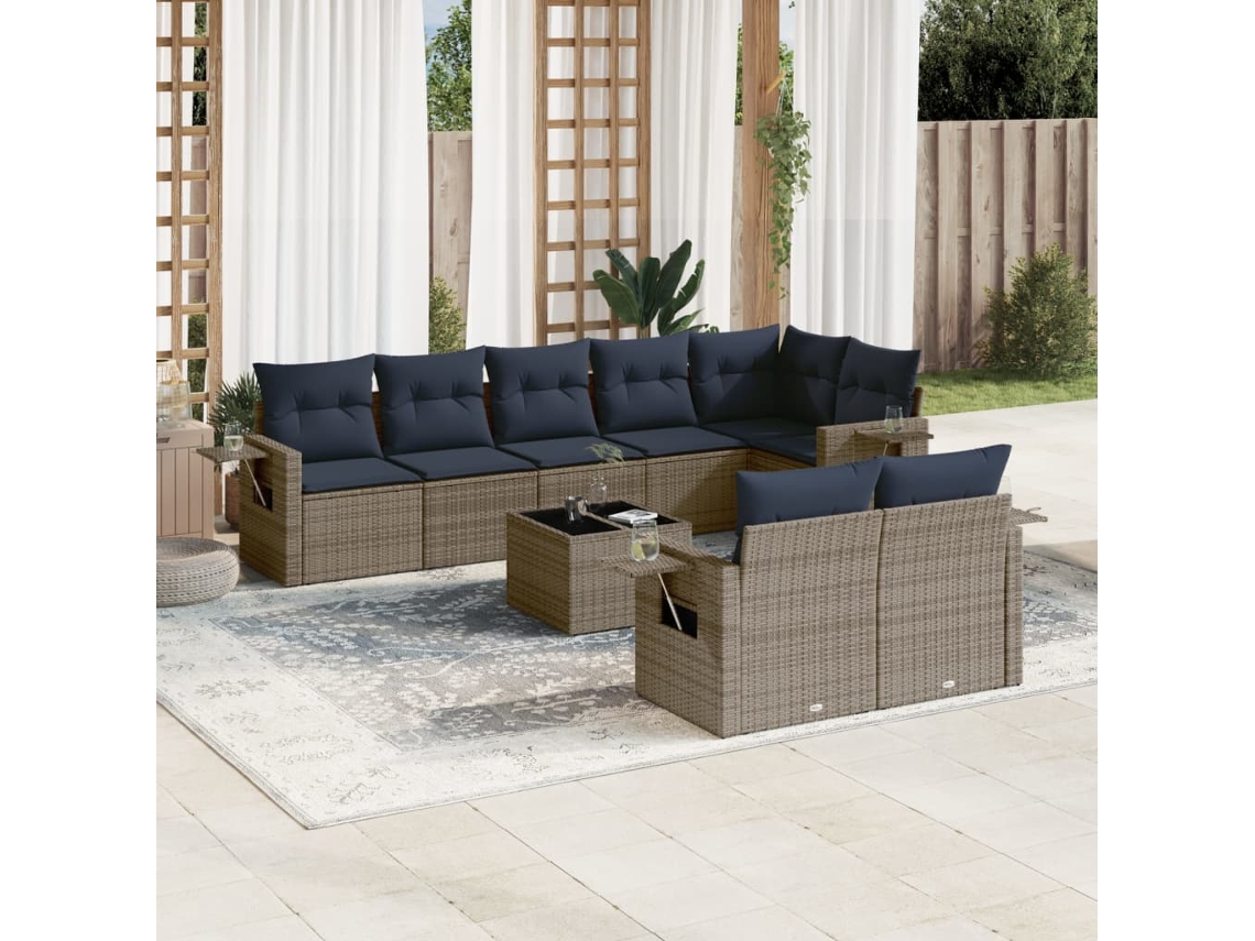 Vidaxl Conjunto De Sofá De Jardim De 9 Peças Com Almofadas Em Rattan Sintético Cinza