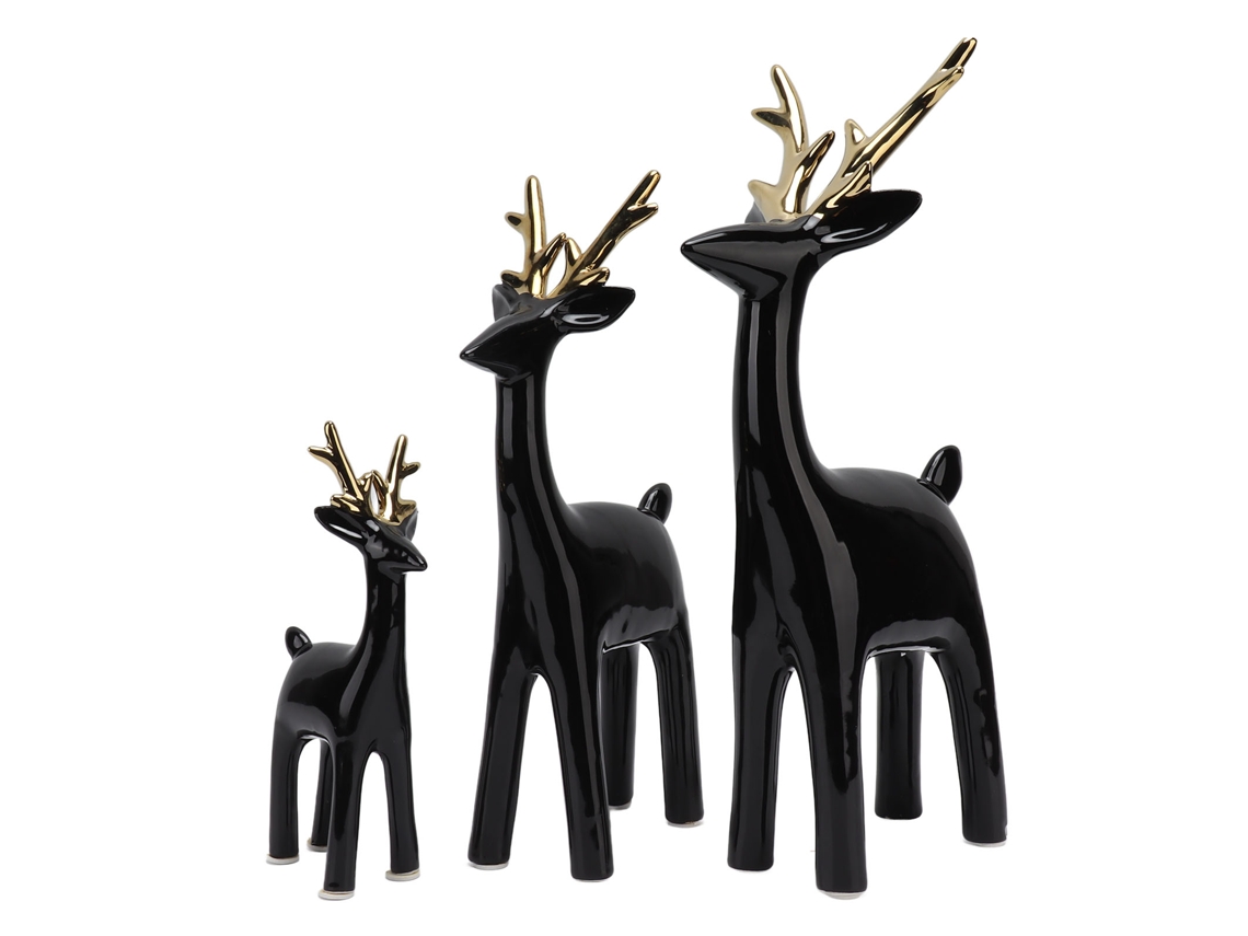 Conjunto de 3 Ornamentos de Veado em Cerâmica, Decorativos, Estilo Retrô, Preto Dourado