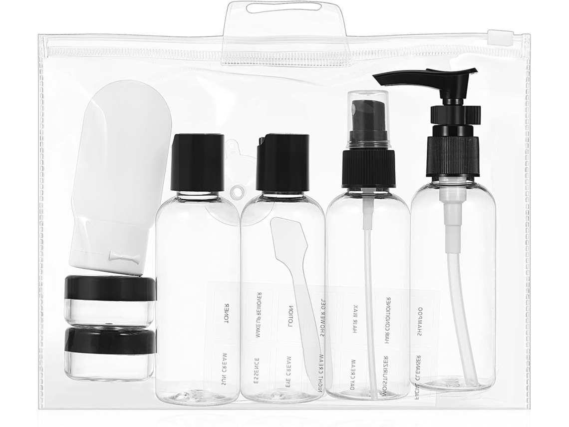 Garrafas PET recarregáveis de 80 ml para viagem com etiquetas e bolsa de armazenamento.