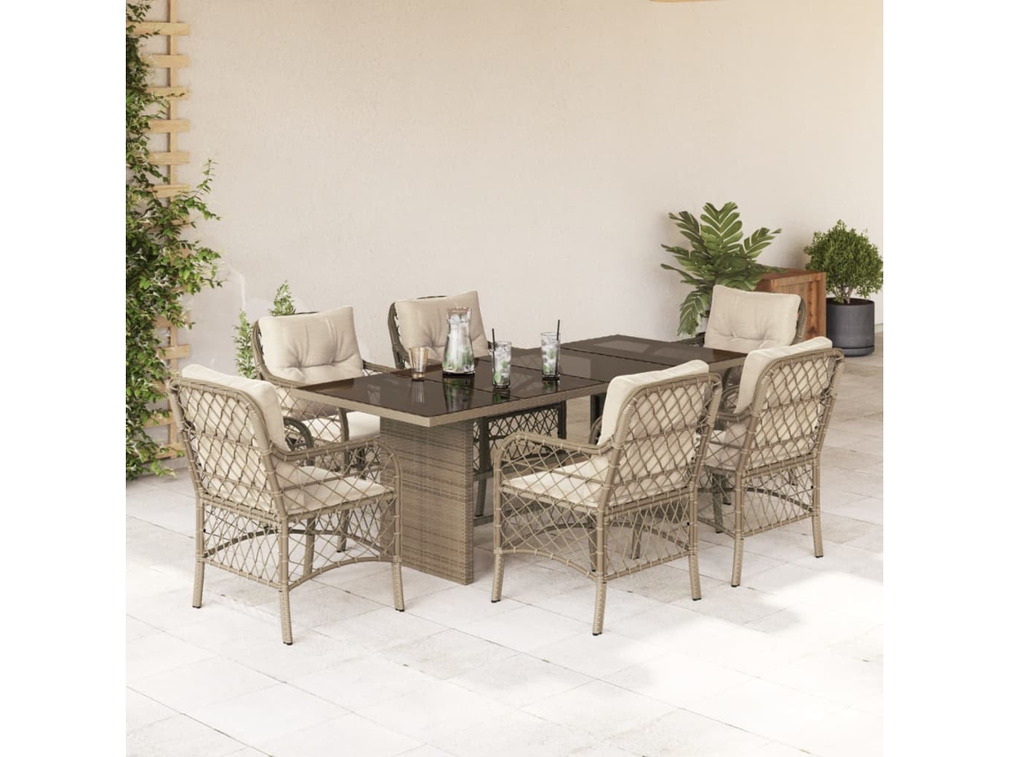 Vidaxl 7 Pcs Conjunto de Jantar P/ Jardim com Almofadões Vime Pe Bege