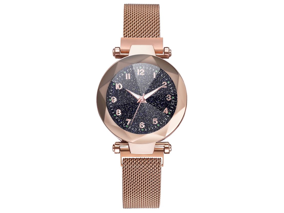 Relógio Feminino de Quartzo Pulseira de Malha com Botão Magnético Mostrador Redondo Ouro Rosa