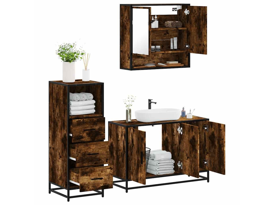 Vidaxl 3 Pcs Conjunto De Móveis Wc Madeira Processada Carvalho Fumado