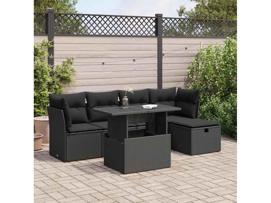 Vidaxl 6 Pcs Conjunto Sofás De Jardim C/ Almofadões Vime Pe Preto