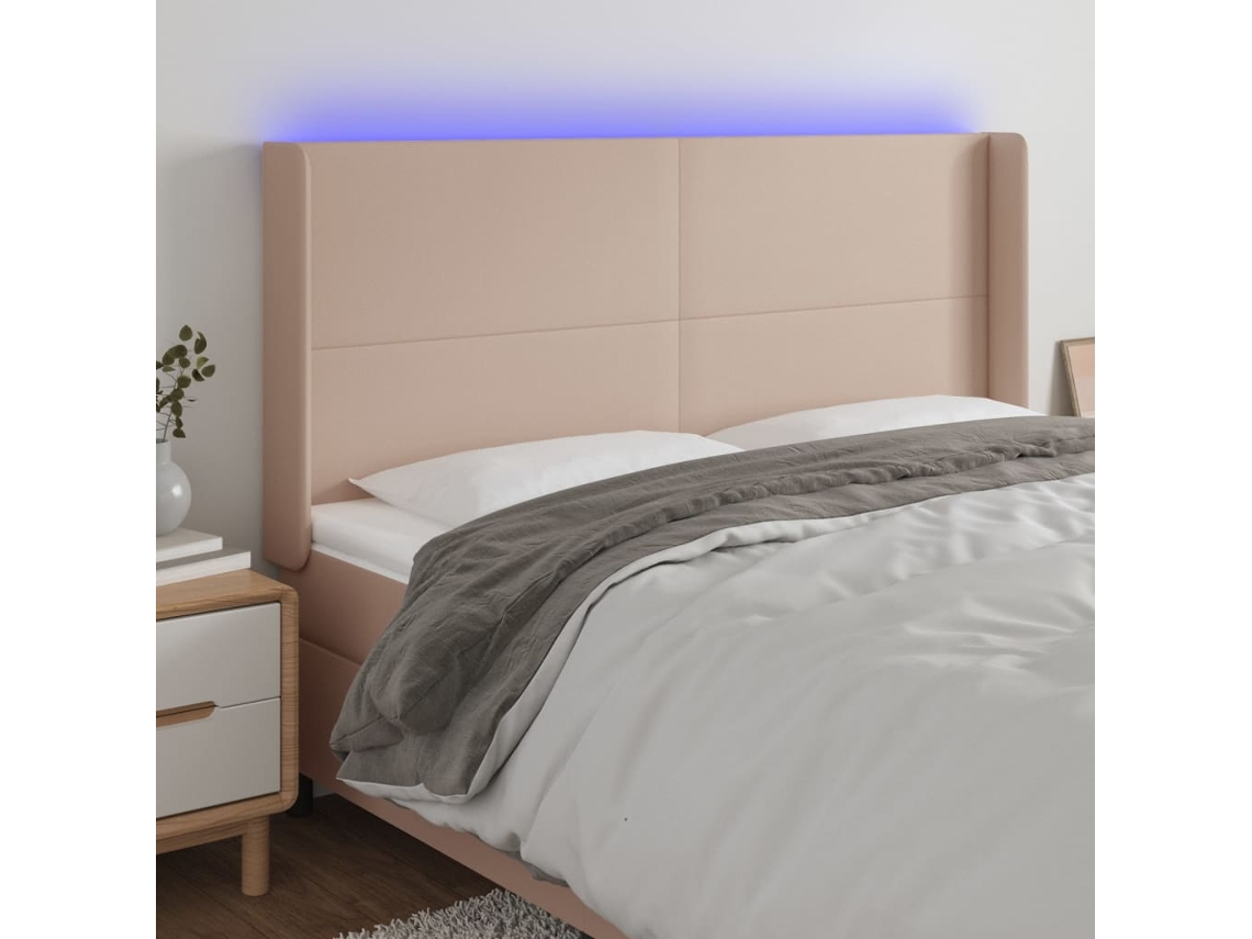 Vidaxl Cabeceira Cama C/ Led Couro Artif. 183x16x118/128 Cm Cappuccino