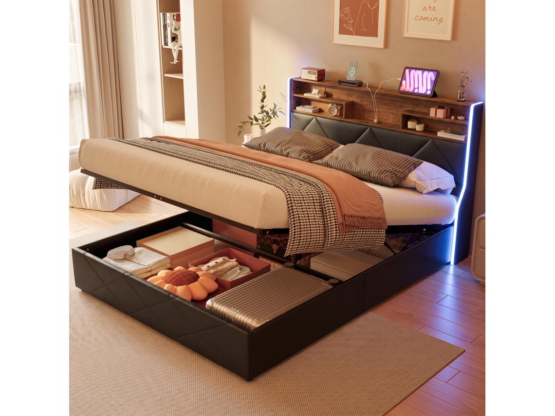 Cama De Casal Estofada De 140 X 200 Cm Com Espaço De Arrumação Hidráulica, Com Estação De Carregamento Led E Usb, Cama Funcional, Sem Colchão