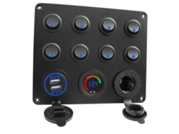 Painel de controle automotivo de alumínio com 8 posições e voltímetro de 12-24 V.